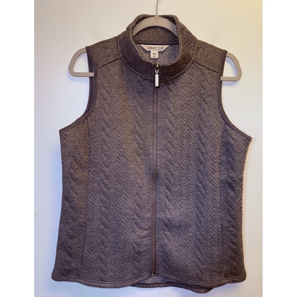 Coldwater Creek Vest Quilted Cable Medium Gray Pockets Full Zip Knit